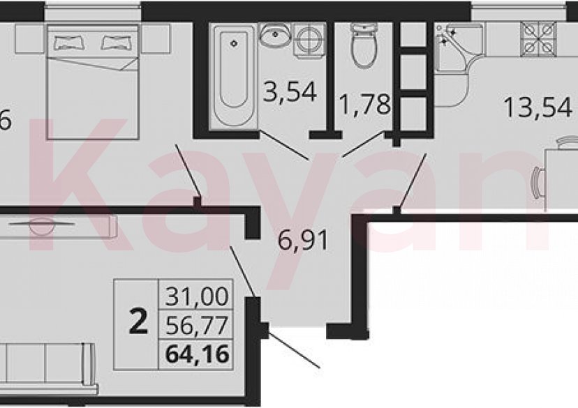 Продажа 2-комн. квартиры, 56.77 кв.м фото 0