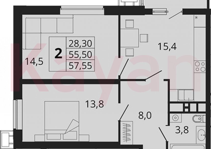 Продажа 2-комн. квартиры, 55.5 кв.м фото 0