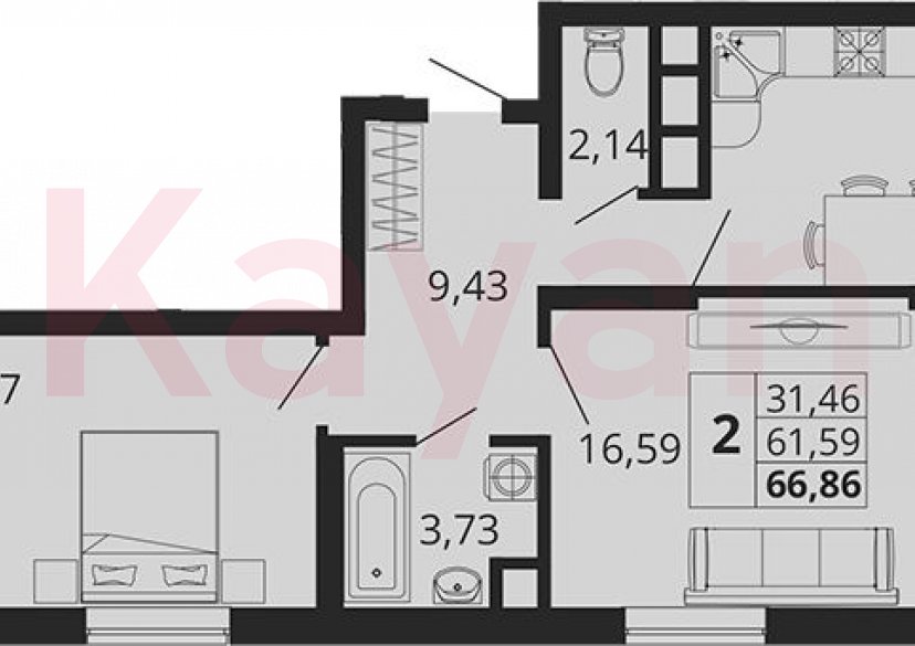 Продажа 2-комн. квартиры, 61.59 кв.м фото 0