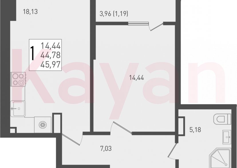 Продажа 1-комн. квартиры, 44.78 кв.м фото 0 Продажа 1-комн. квартиры, 44.78 кв.м фото 0