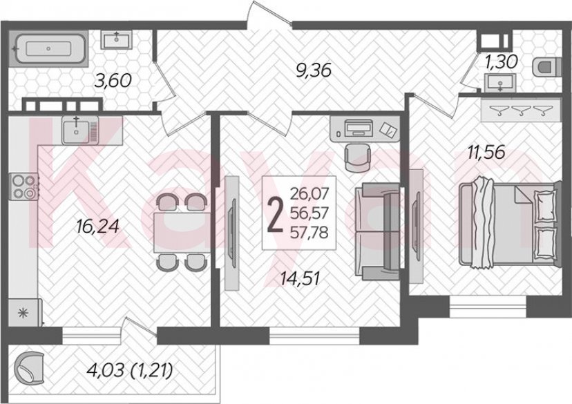 Продажа 2-комн. квартиры, 56.57 кв.м фото 0