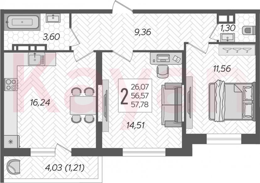 Продажа 2-комн. квартиры, 56.57 кв.м фото 0 Продажа 2-комн. квартиры, 56.57 кв.м фото 0