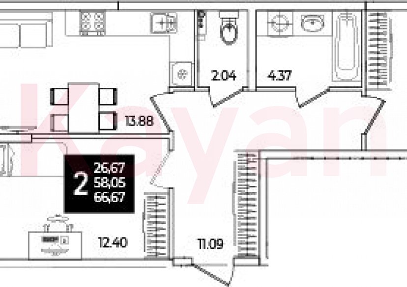 Продажа 2-комн. квартиры, 58.05 кв.м фото 0